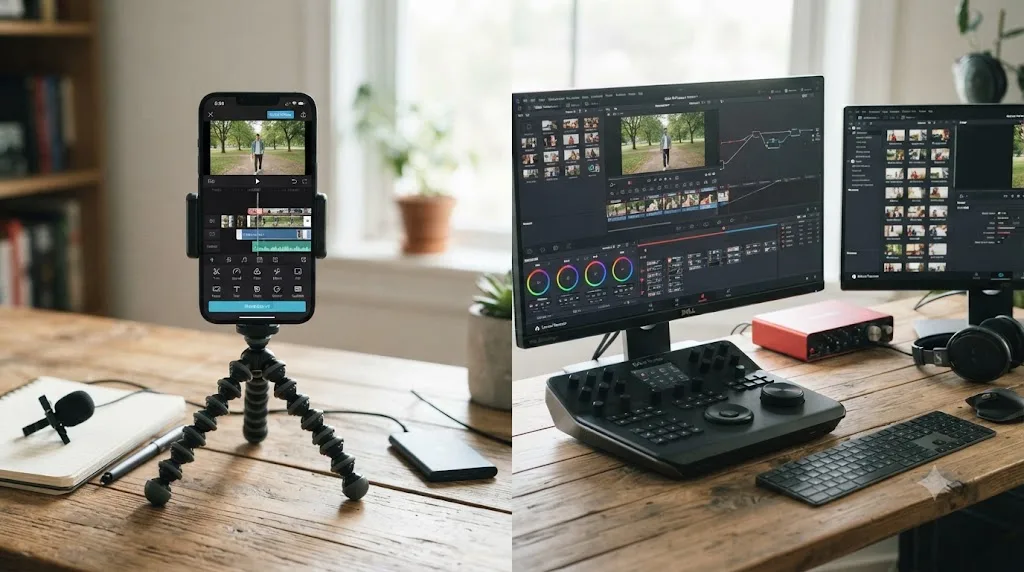 Illustration contrasting VN Video Editor's single-device workflow with DaVinci Resolve's multi-device production workflow