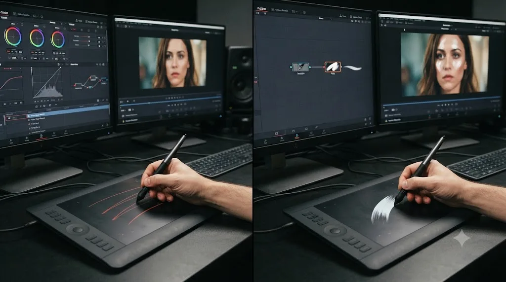 Illustration comparing a stylus on the DaVinci Resolve Color page with no pressure response to the Fusion Paint node responding to pressure