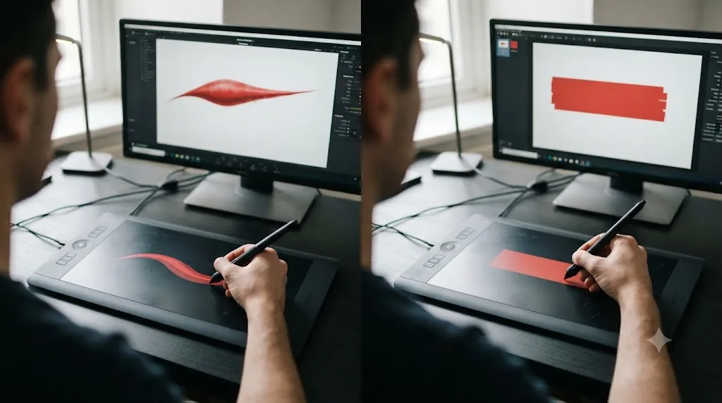 Illustration comparing a tapered pressure-sensitive stroke in one app to a flat uniform stroke in another using the same stylus