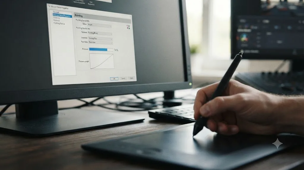 Illustration of the Wacom diagnostic panel showing a pressure percentage climbing as a pen presses into the tablet