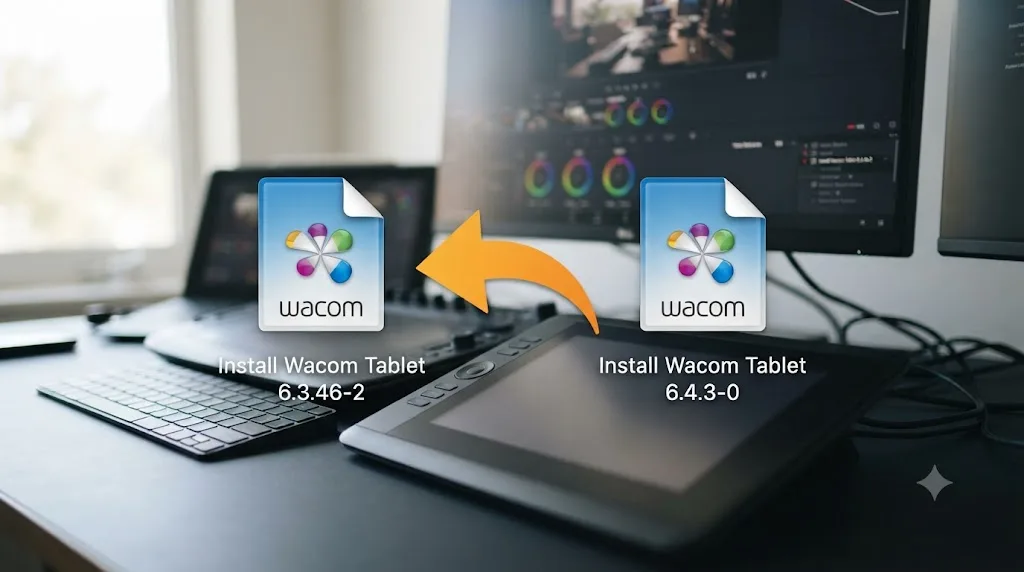 Illustration of two Wacom driver installer versions with an arrow indicating a rollback to the older version