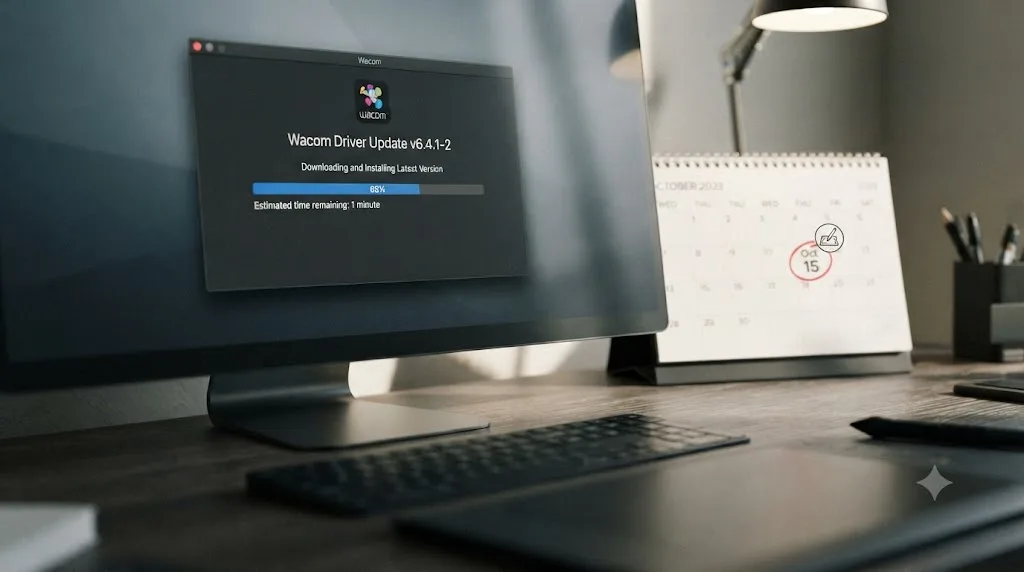 Illustration of a Wacom driver update screen with a version number and a calendar reminder icon