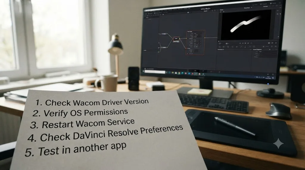 Illustration of a numbered troubleshooting checklist for Wacom pressure sensitivity next to a DaVinci Resolve Fusion page