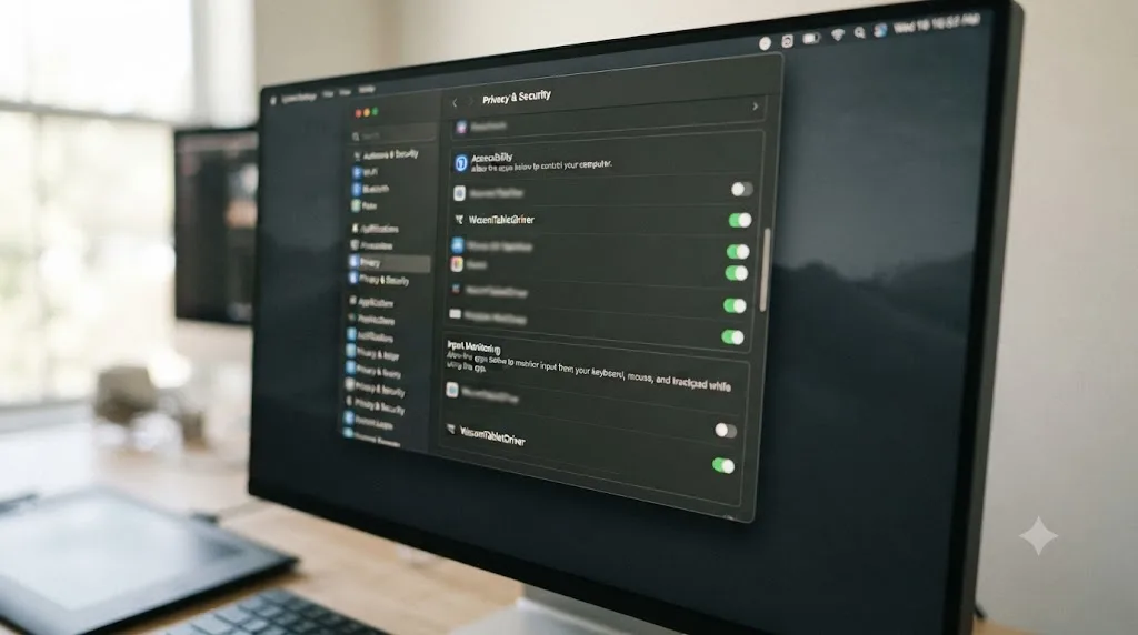 Illustration of macOS Privacy and Security settings with Accessibility and Input Monitoring toggles enabled for a Wacom tablet driver