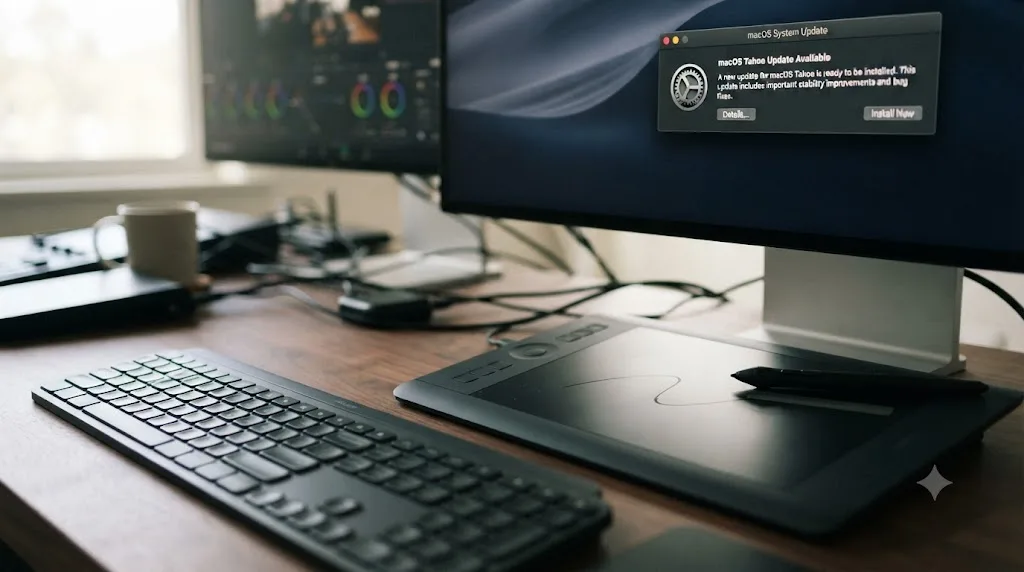 Illustration of a macOS Tahoe update notification next to a Wacom pen stroke with a delayed pressure curve