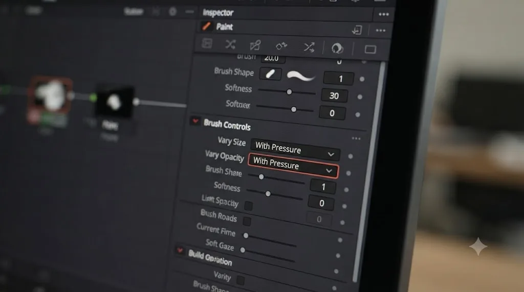 Illustration of the DaVinci Resolve Fusion Paint node Inspector showing Vary Size and Vary Opacity set to With Pressure
