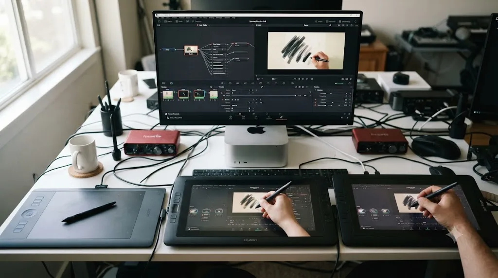 Illustration of Wacom, Huion, and XP-Pen tablets connected to the same DaVinci Resolve Fusion Paint node
