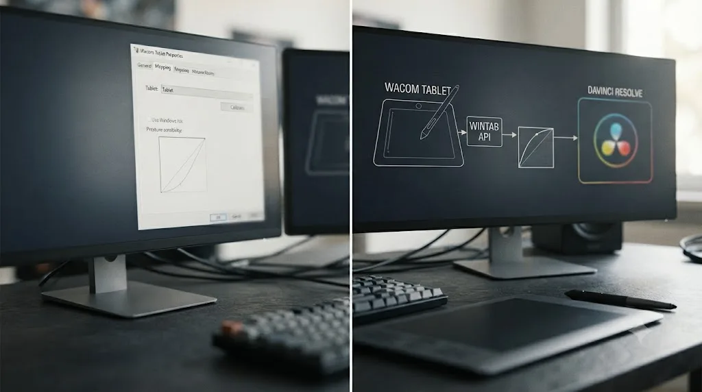 Illustration of a Windows Ink toggle switched off in Wacom Tablet Properties with pressure data flowing through WinTab into DaVinci Resolve