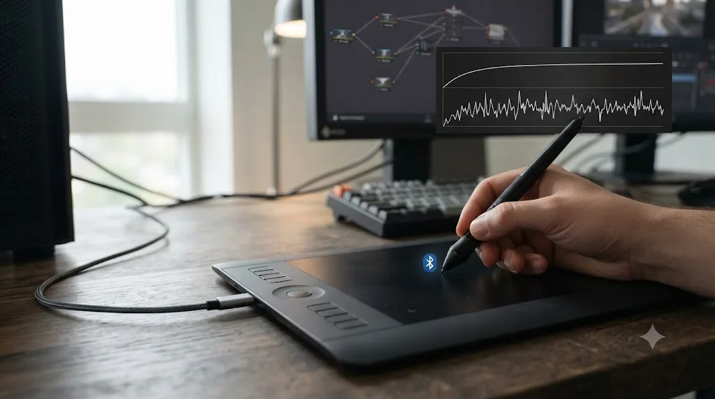 Illustration comparing a wired USB connection to Bluetooth on a Wacom tablet with a pressure stability graph