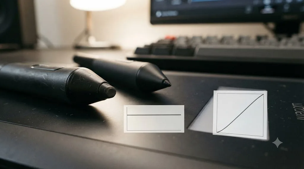 Illustration comparing a worn Wacom pen nib to a fresh replacement nib next to a flat pressure line graph