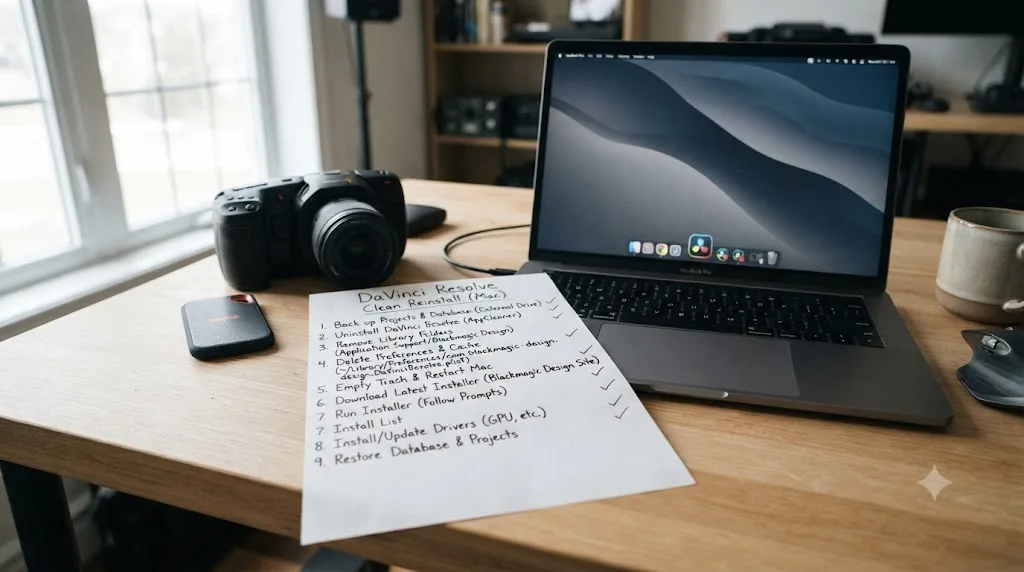 Illustration of a checklist showing the steps of a clean DaVinci Resolve reinstall on Mac, from backup to fresh install