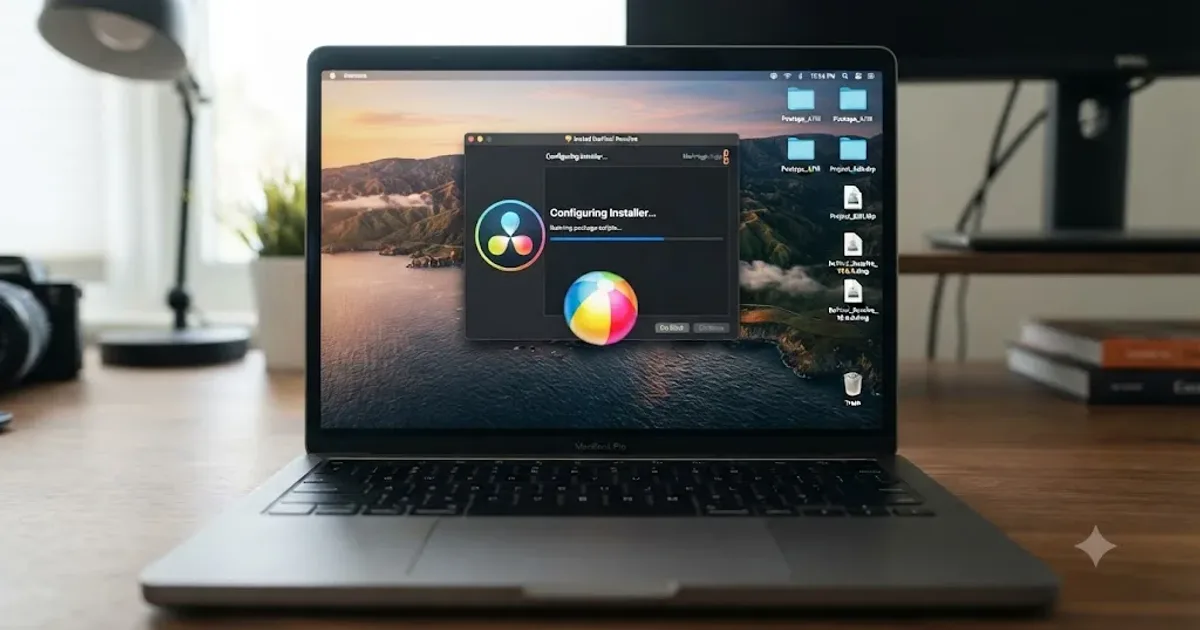 Illustration of a DaVinci Resolve installer progress bar frozen partway across a Mac desktop