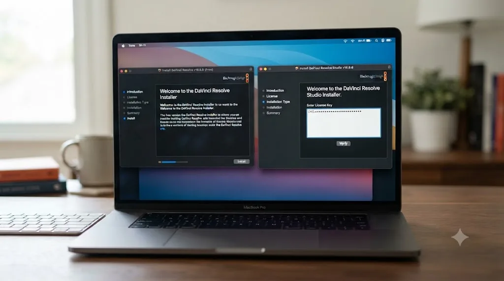 Illustration of two DaVinci Resolve installer windows side by side, one for the free version and one for Studio with a license activation field