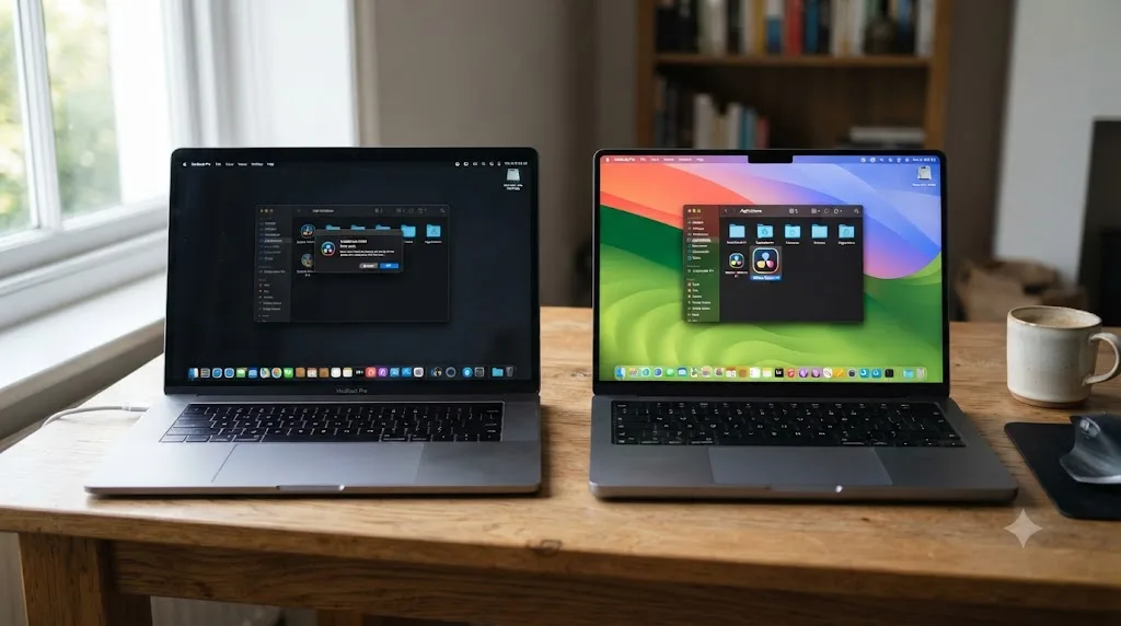 Illustration comparing an Intel Mac and an Apple Silicon Mac, showing only the Apple Silicon machine running DaVinci Resolve 21 successfully