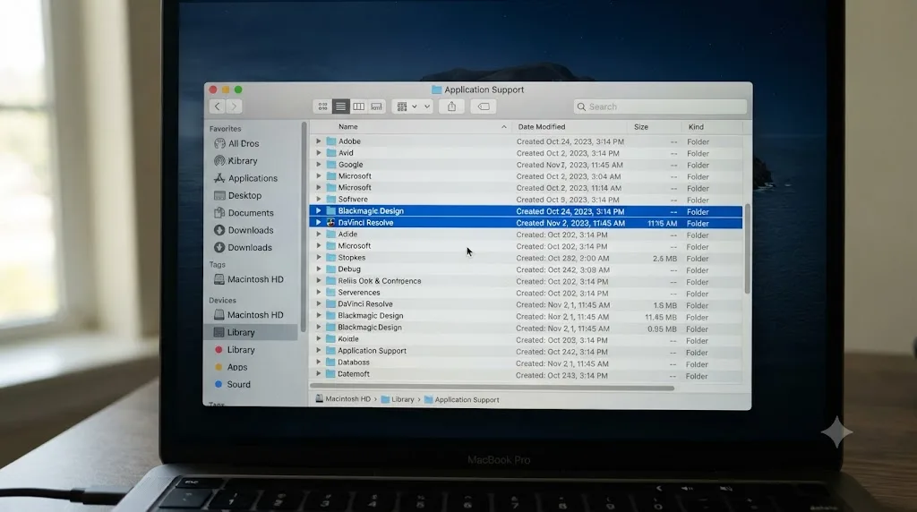 Illustration of a Finder window showing leftover Blackmagic Design folders inside the Library directory