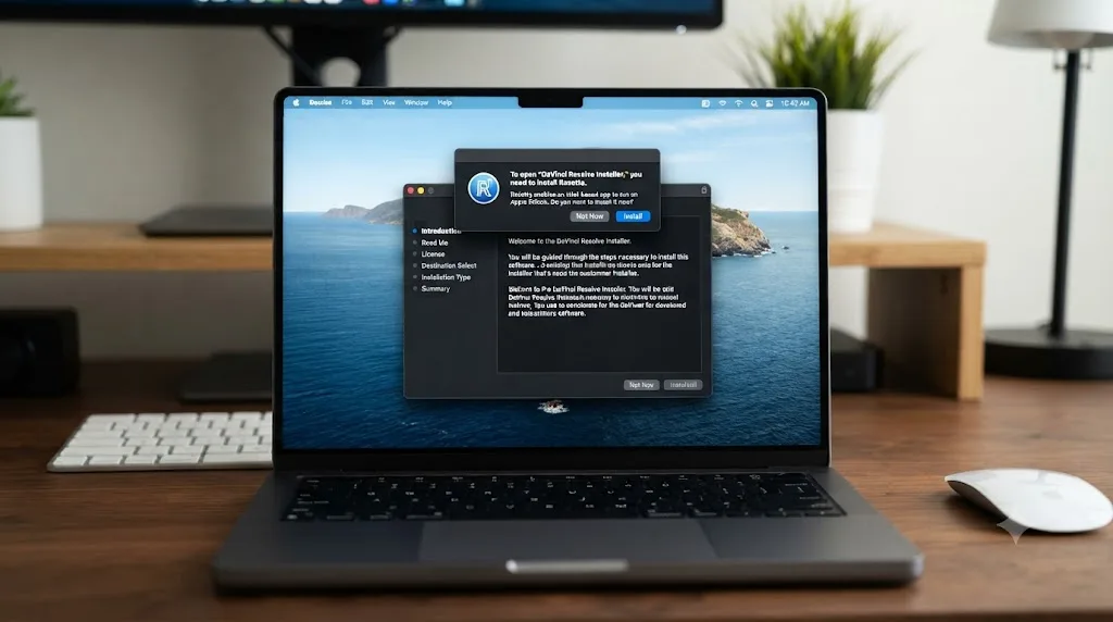 Illustration of a macOS Rosetta installation prompt appearing mid-way through the DaVinci Resolve installer