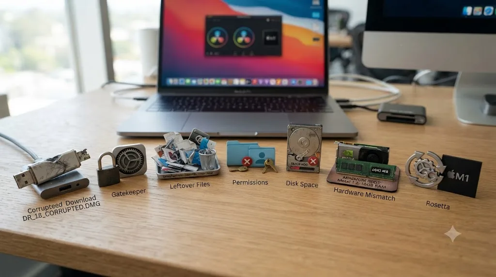 Illustration of seven separate icons representing the causes of a DaVinci Resolve install failure on Mac