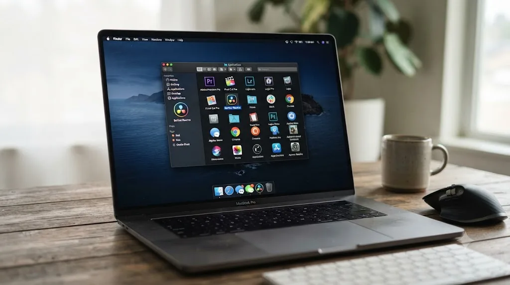 Illustration of a Mac screen showing a successfully completed DaVinci Resolve installation with the app icon in the Applications folder