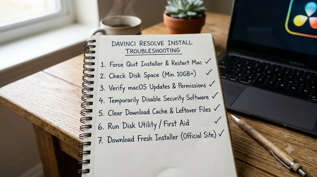 Illustration of a numbered checklist of seven troubleshooting steps for a stuck DaVinci Resolve install on Mac
