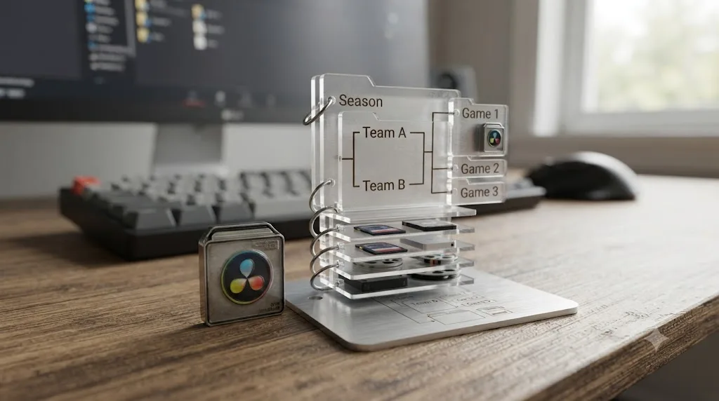 Illustration of a season-long DaVinci Resolve project folder structure with backup archive icons