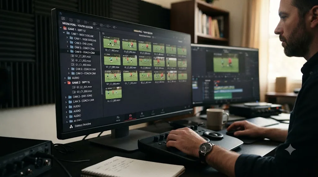 Illustration of a DaVinci Resolve media bin organized into folders by game and camera position