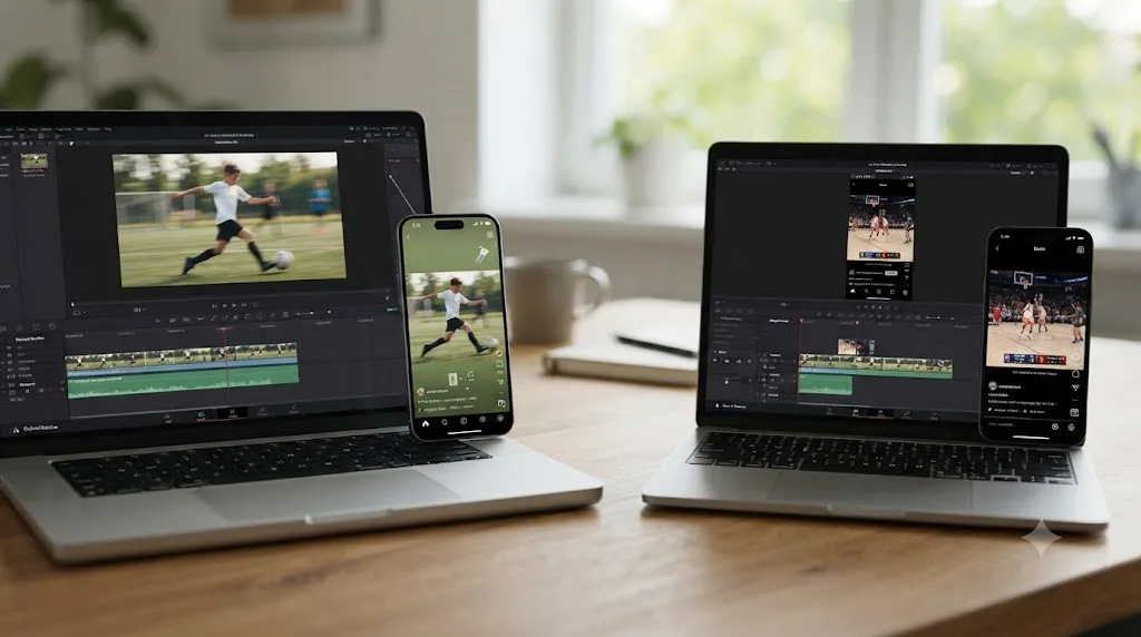 Illustration of horizontal and vertical export versions of a youth sports highlight video side by side