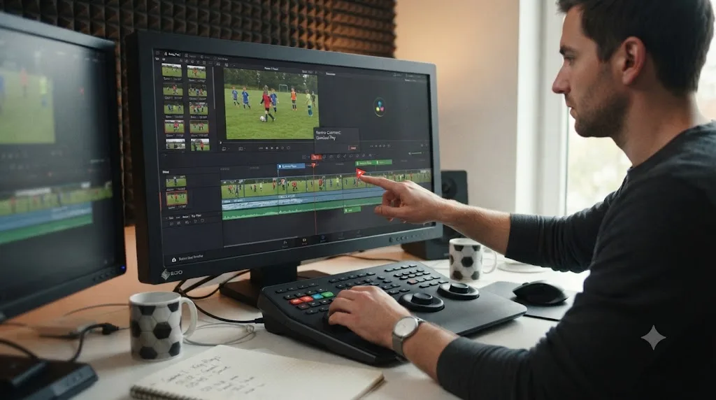 Illustration of markers being placed on a DaVinci Resolve timeline to flag standout plays during a first review pass