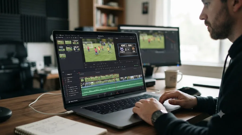 Illustration of a DaVinci Resolve timeline for a youth soccer highlight video with multicam tracks and a score bug title