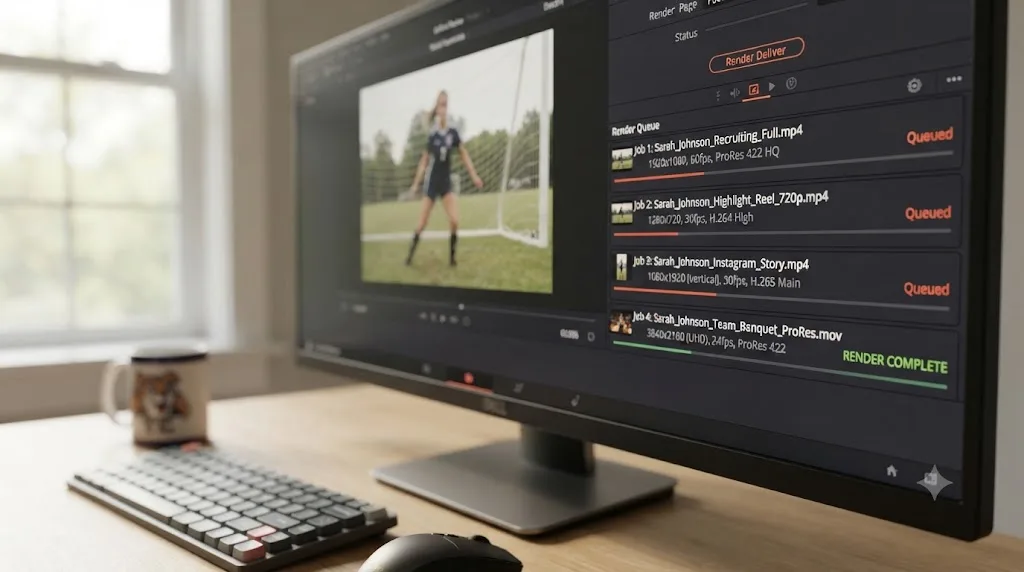 Illustration of a DaVinci Resolve render queue exporting multiple versions of a youth sports highlight video