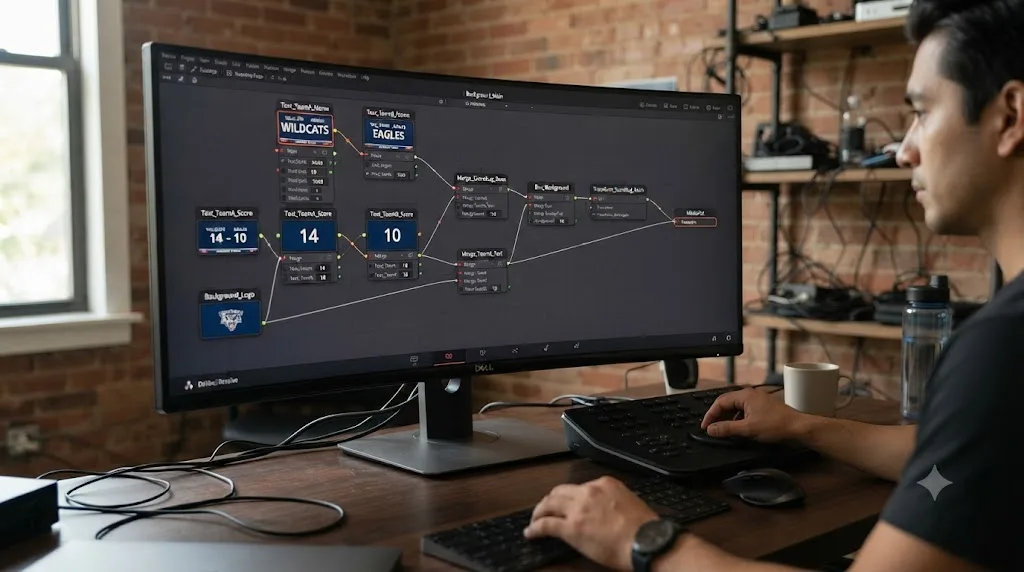 Illustration of a Fusion node tree building a youth sports score bug title in DaVinci Resolve