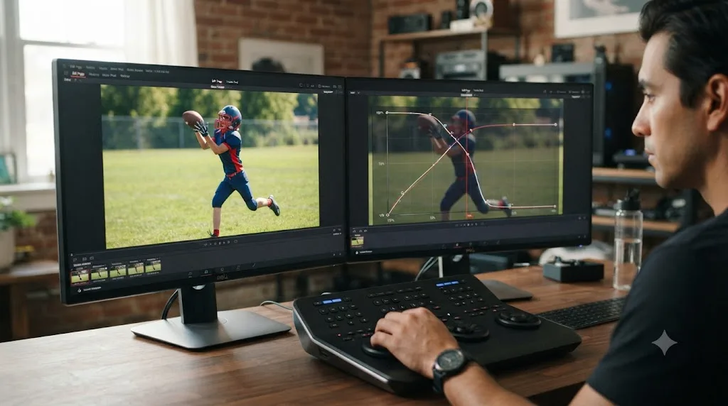 Illustration of a speed ramp curve slowing down a football catch replay in DaVinci Resolve