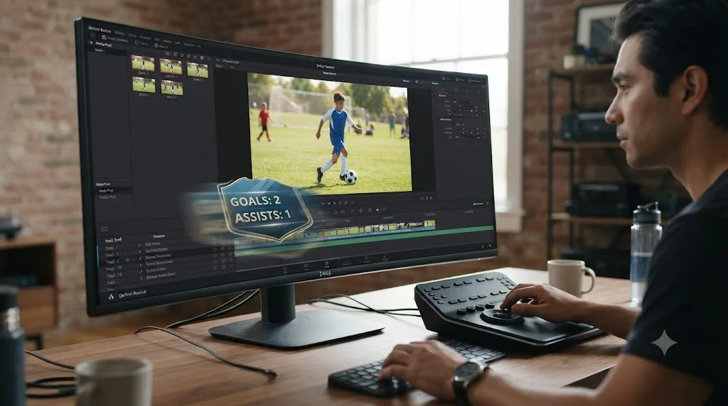 Illustration of a stat overlay graphic animating onto a youth sports highlight clip in DaVinci Resolve
