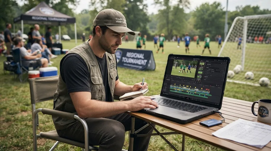 Illustration of an editor logging markers on tournament game footage between matches on a laptop