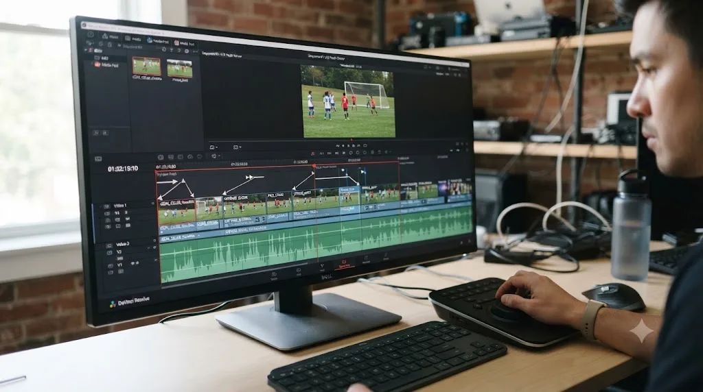 Illustration of a ranked DaVinci Resolve timeline sequence for a soccer highlight reel with speed ramp points