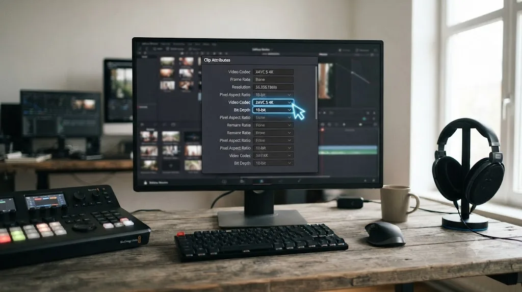 Illustration of a DaVinci Resolve Clip Attributes panel highlighting codec and bit depth fields for an imported clip