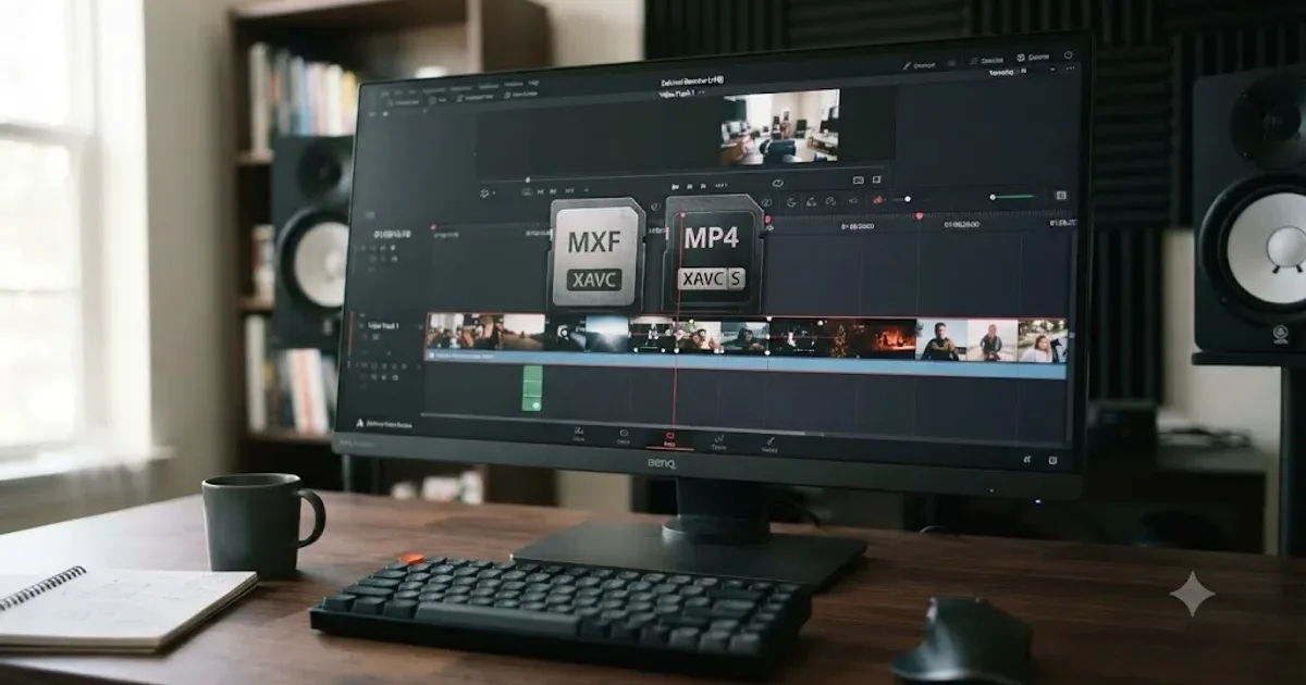 Illustration of an MXF file icon labeled XAVC and an MP4 file icon labeled XAVC S sitting side by side on a DaVinci Resolve timeline