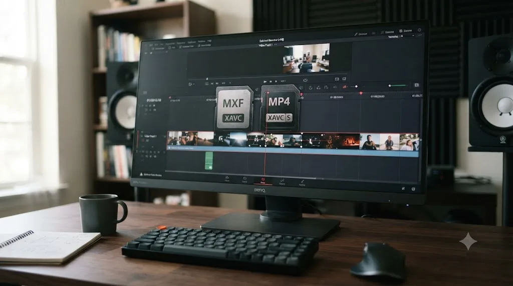 Illustration of an MXF file icon labeled XAVC and an MP4 file icon labeled XAVC S side by side on a DaVinci Resolve timeline