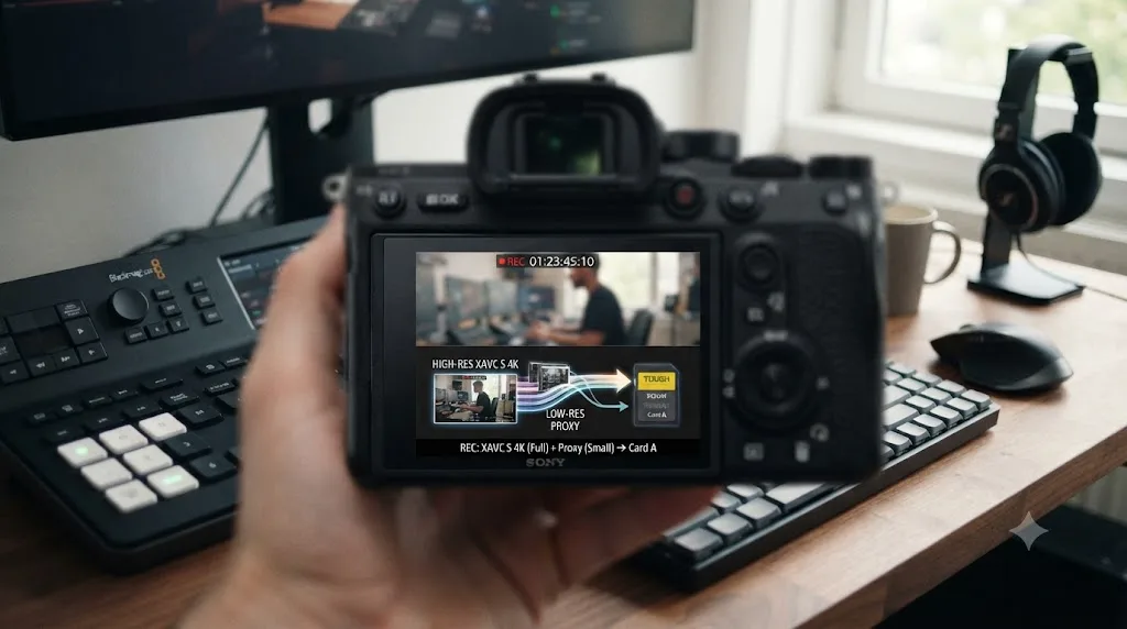 Illustration of a Sony camera recording a full-resolution XAVC S clip and a small proxy clip to the same memory card