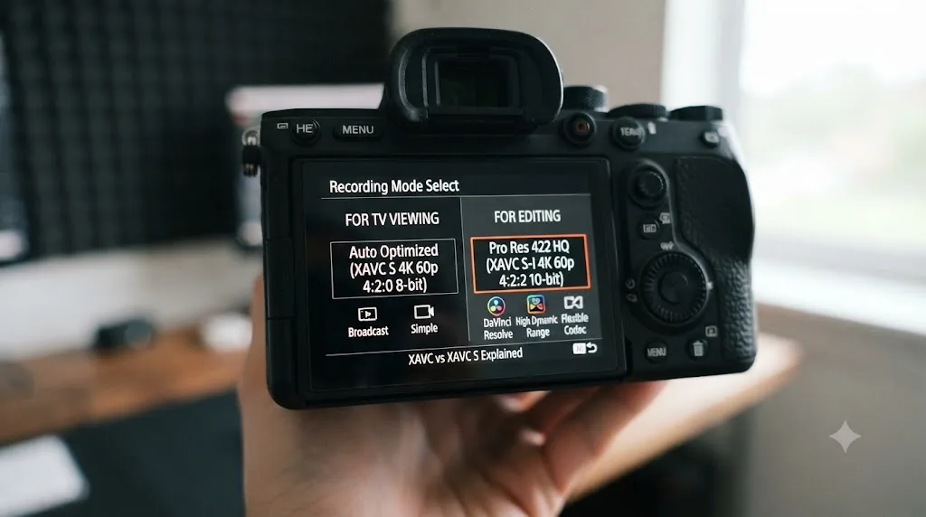 Illustration of a Sony camera menu comparing for TV viewing and for editing recording mode options