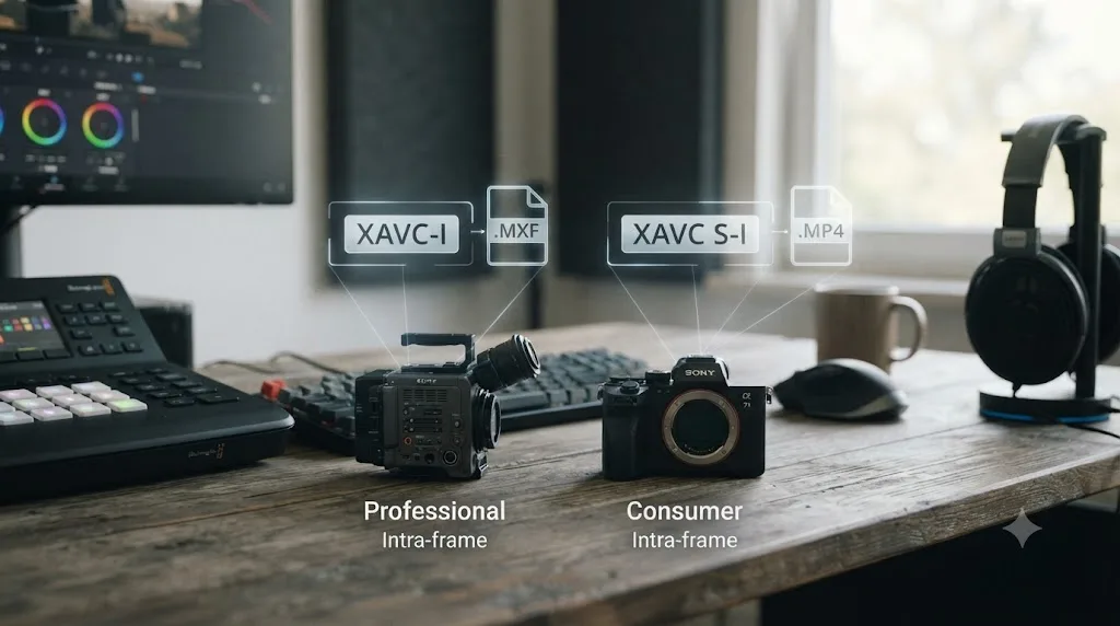Illustration comparing professional XAVC-I in an MXF wrapper against consumer XAVC S-I in an MP4 wrapper