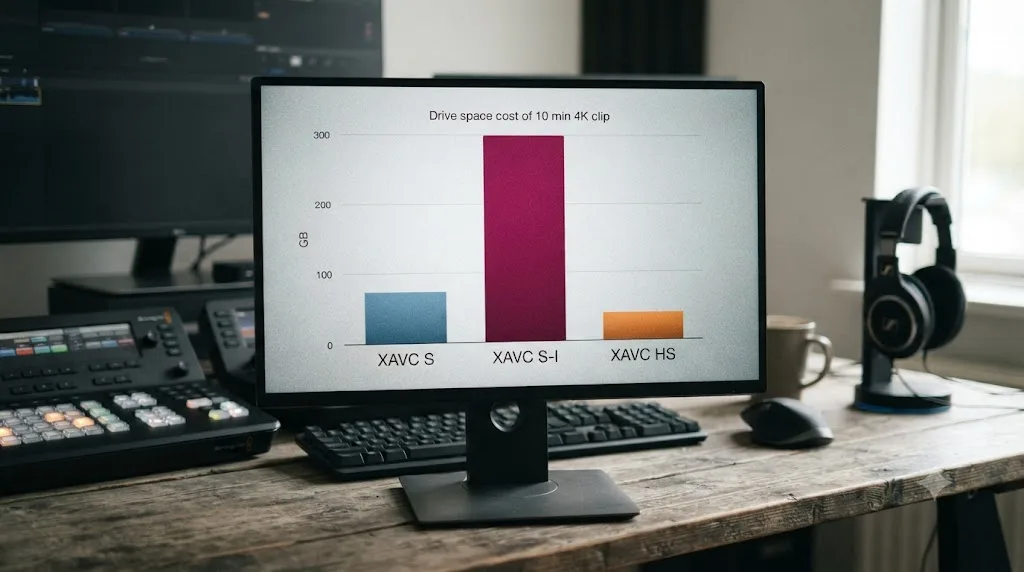 Illustration of a bar chart comparing drive space required for a 10-minute 4K clip across XAVC S, XAVC S-I, and XAVC HS
