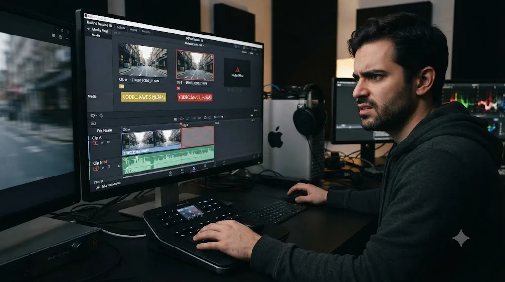 Illustration of two identically named MP4 clips with different XAVC codecs, one stuttering and one failing to import