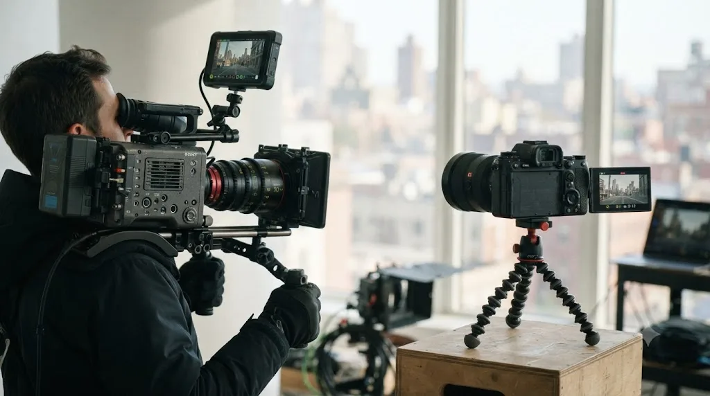 Illustration of a cinema camera recording 8K XAVC H footage separate from a mirrorless camera recording XAVC HS