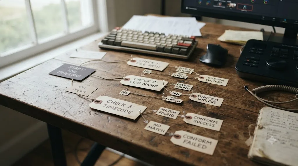Illustration of DaVinci Resolve's conform matching logic checking file path, clip name, and timecode in order