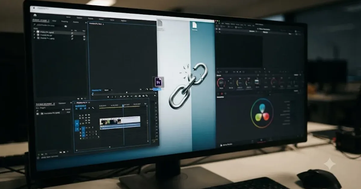 Illustration of a timeline file moving from Premiere Pro into DaVinci Resolve with a broken link icon between them