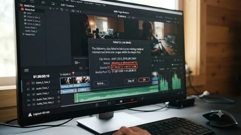 Illustration of a Failed to Link error dialog in DaVinci Resolve showing a mismatched timecode range