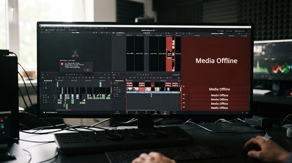 Illustration of three DaVinci Resolve XML import failure states shown side by side, rejected, broken, and offline