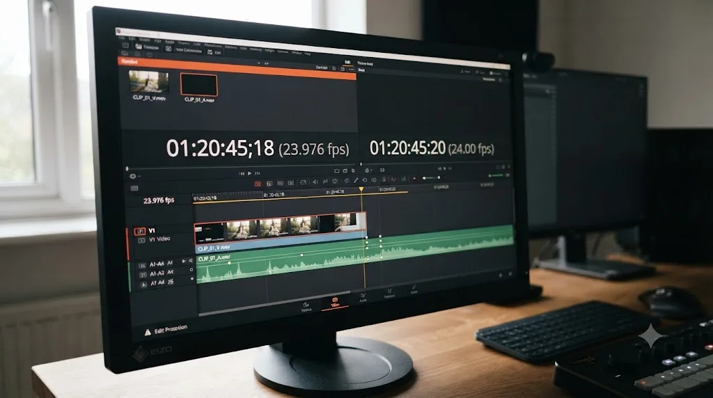 Illustration of a DaVinci Resolve timeline drifting out of sync due to a frame rate mismatch between 23.976 and 24 fps