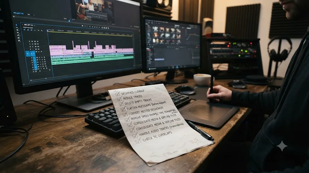 Illustration of a checklist of preventive habits for a clean XML handoff from Premiere Pro to DaVinci Resolve