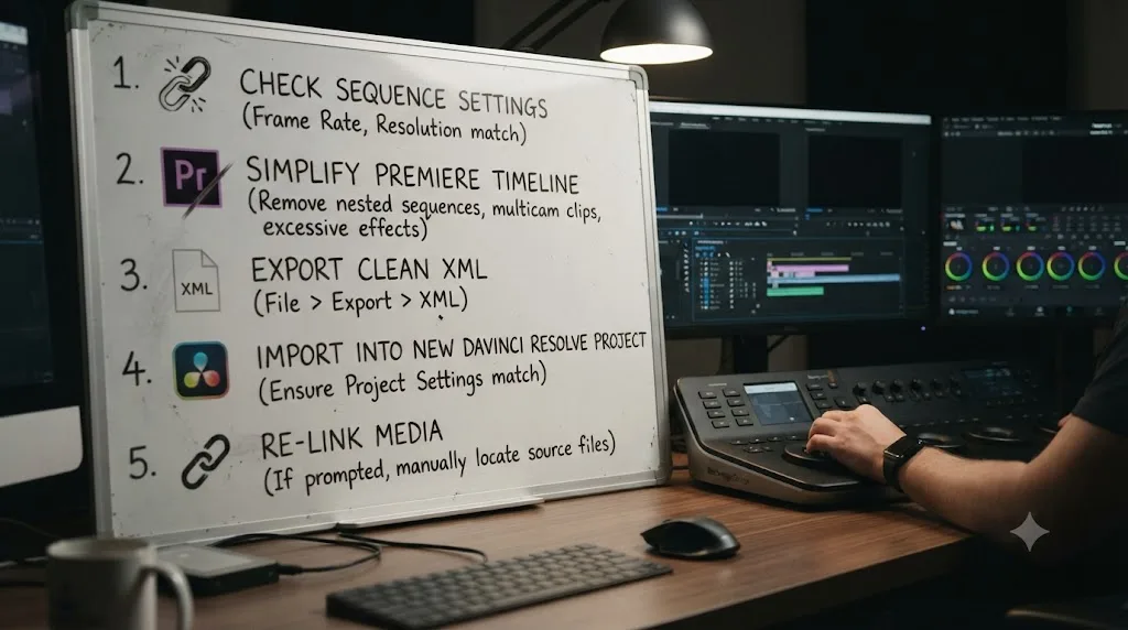 Illustration of a five step checklist for recovering a broken Premiere Pro to DaVinci Resolve XML import